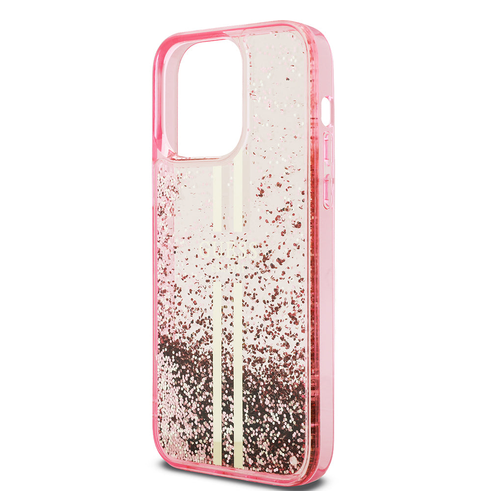 iPhone 14 Pro Max Kılıf Guess Orjinal Lisanslı Transparan Sıvılı Simli Altın Çizgili Kılıf