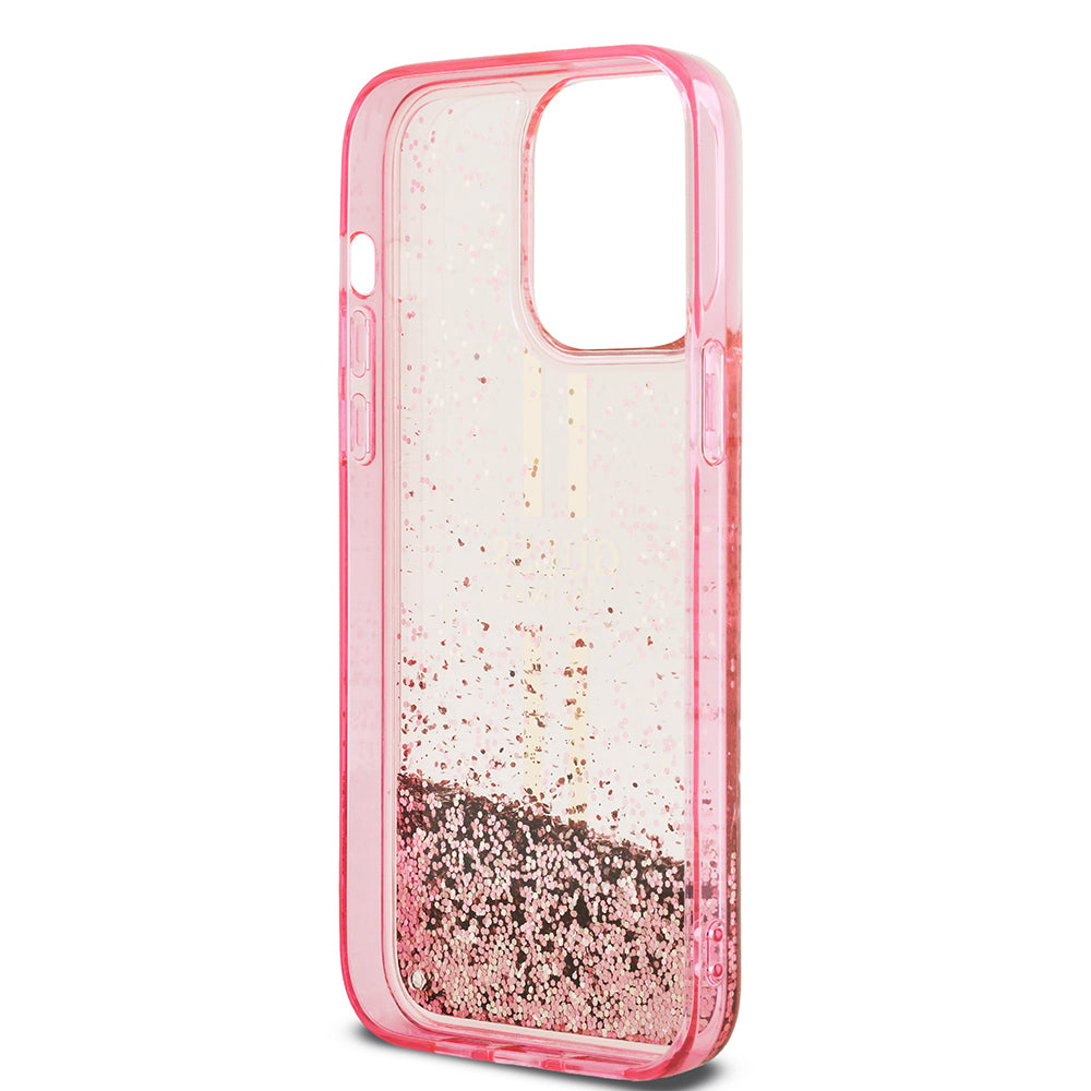 iPhone 14 Pro Max Kılıf Guess Orjinal Lisanslı Transparan Sıvılı Simli Altın Çizgili Kılıf