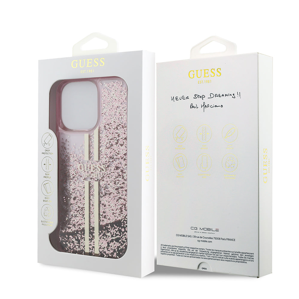 iPhone 14 Pro Max Kılıf Guess Orjinal Lisanslı Transparan Sıvılı Simli Altın Çizgili Kılıf