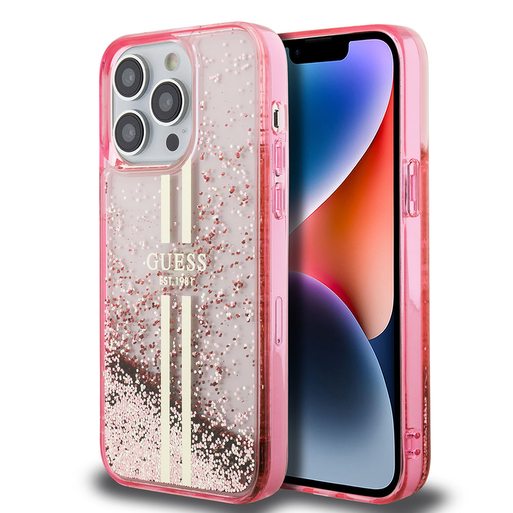 iPhone 14 Pro Max Kılıf Guess Orjinal Lisanslı Transparan Sıvılı Simli Altın Çizgili Kılıf