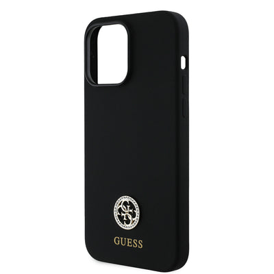 Apple iPhone 14 Pro Max Kılıf Guess Orjinal Lisanslı Yazı ve Taşlı 4G Logolu Silikon Kapak Siyah