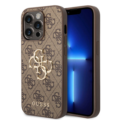 Apple iPhone 14 Pro Max Kılıf GUESS PU Deri Büyük Metal Logo Dizaynlı Kapak Pembe
