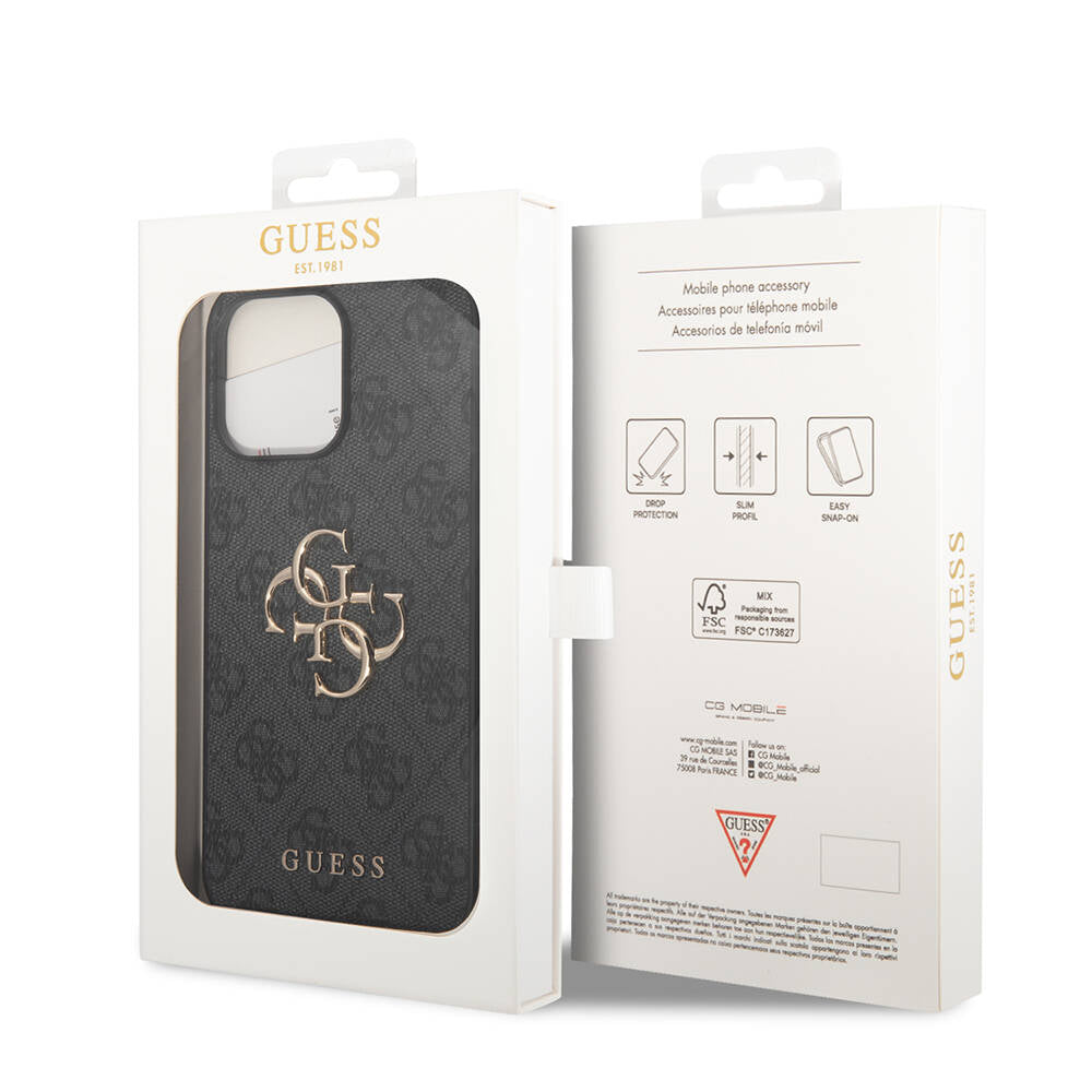 Apple iPhone 14 Pro Max Kılıf GUESS PU Deri Büyük Metal Logo Dizaynlı Kapak Pembe