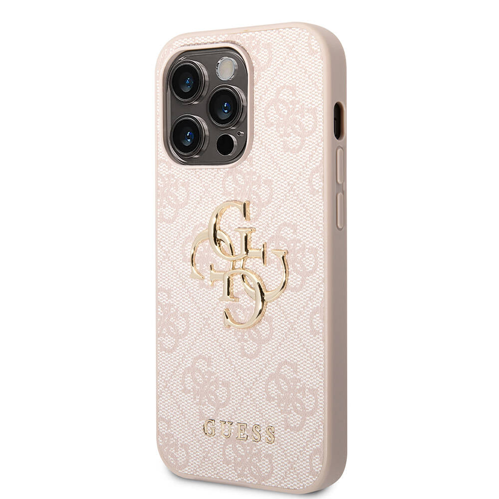 Apple iPhone 14 Pro Max Kılıf GUESS PU Deri Büyük Metal Logo Dizaynlı Kapak Pembe