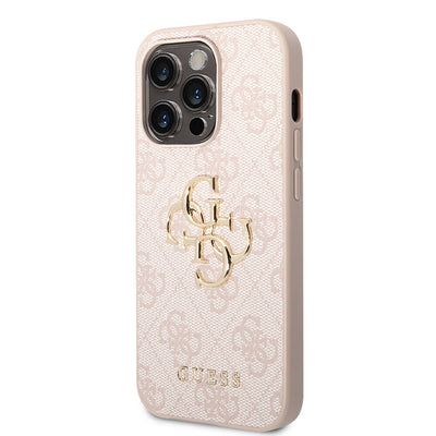 Apple iPhone 14 Pro Max Kılıf GUESS PU Deri Büyük Metal Logo Dizaynlı Kapak Pembe