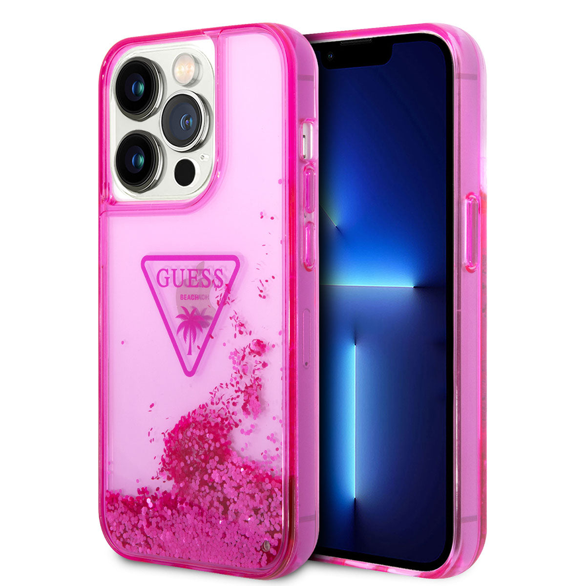 Apple iPhone 14 Pro Max Kılıf GUESS Transparan Sıvılı Simli Dizayn Kapak Pembe