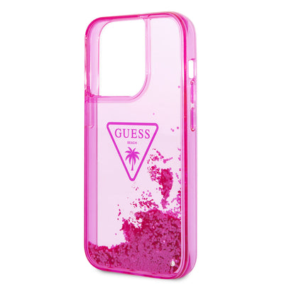 Apple iPhone 14 Pro Max Kılıf GUESS Transparan Sıvılı Simli Dizayn Kapak Pembe