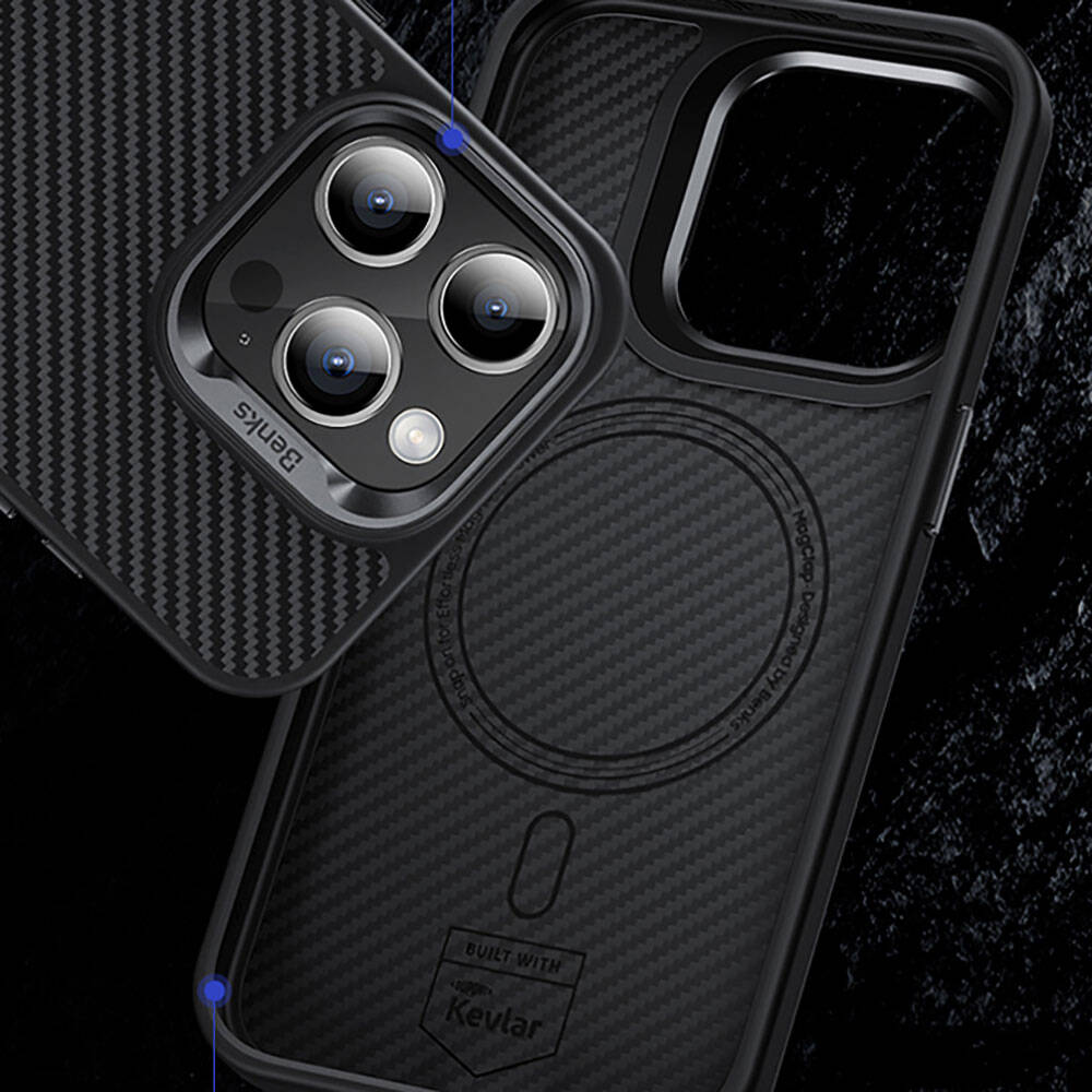 iPhone 14 Pro Max Kılıf Karbon Fiber M-safe Şarj Özellikli Benks Hybrid ArmorPro 600D Kevlar Kılıf