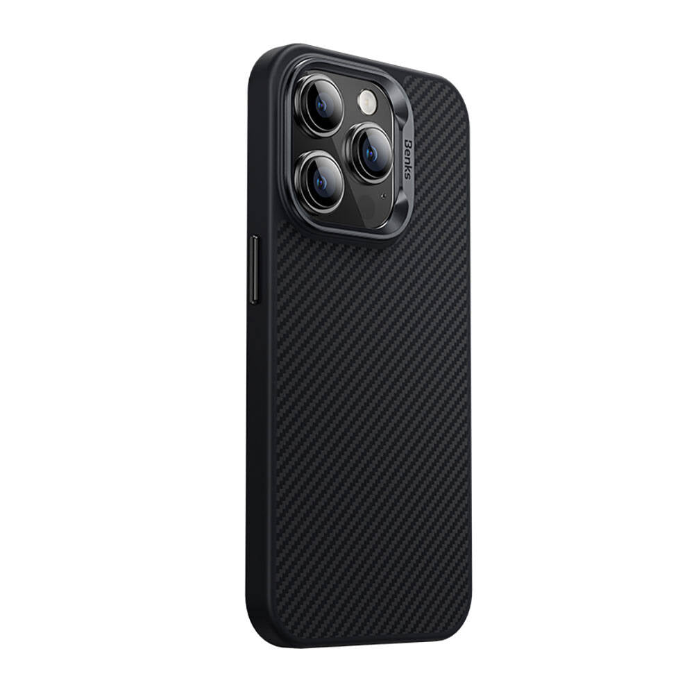 Apple iPhone 14 Pro Max Kılıf Karbon Fiber Magsafe Şarj Özellikli Benks Hybrid ArmorPro 600D Kevlar Kapak Siyah