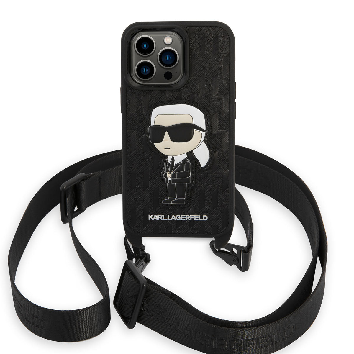 Apple iPhone 14 Pro Max Kılıf Karl Lagerfeld Boyun Askılı Karl Dizayn Kapak Siyah