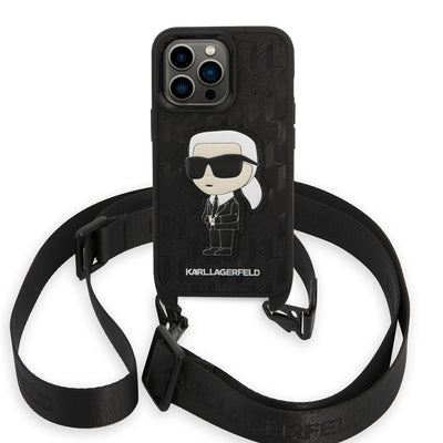 Apple iPhone 14 Pro Max Kılıf Karl Lagerfeld Boyun Askılı Karl Dizayn Kapak Siyah