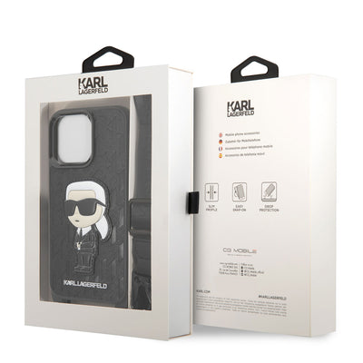 Apple iPhone 14 Pro Max Kılıf Karl Lagerfeld Boyun Askılı Karl Dizayn Kapak Siyah