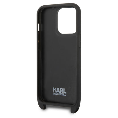 Apple iPhone 14 Pro Max Kılıf Karl Lagerfeld Boyun Askılı Karl Dizayn Kapak Siyah