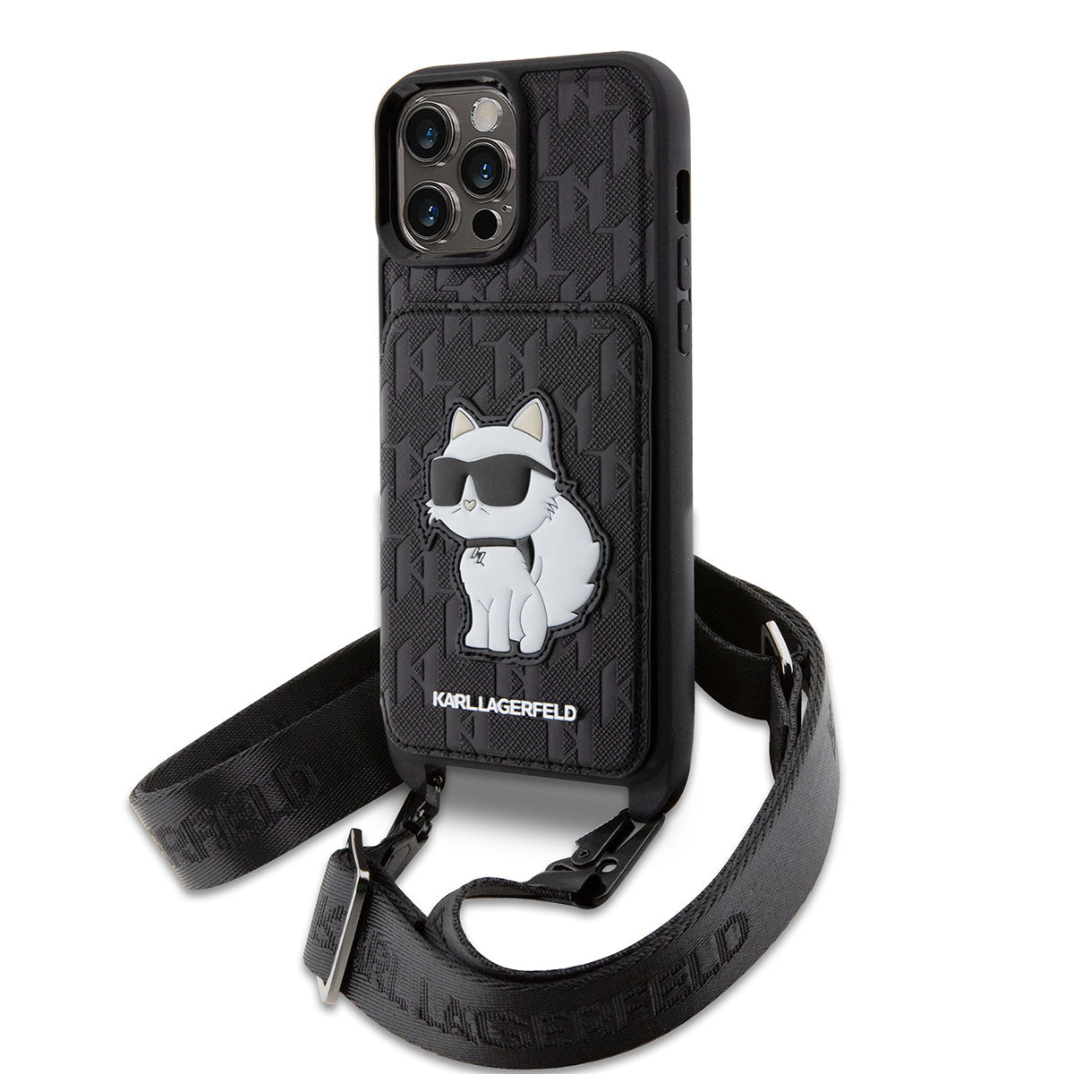 Apple iPhone 14 Pro Max Kılıf Karl Lagerfeld Boyun Askılı Kartlıklı Choupette Dizayn Kapak Siyah