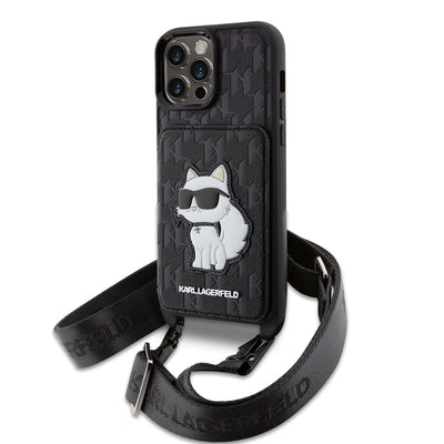 Apple iPhone 14 Pro Max Kılıf Karl Lagerfeld Boyun Askılı Kartlıklı Choupette Dizayn Kapak Siyah