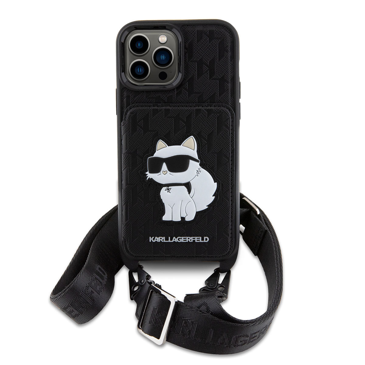 Apple iPhone 14 Pro Max Kılıf Karl Lagerfeld Boyun Askılı Kartlıklı Choupette Dizayn Kapak Siyah