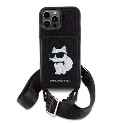 Apple iPhone 14 Pro Max Kılıf Karl Lagerfeld Boyun Askılı Kartlıklı Choupette Dizayn Kapak Siyah
