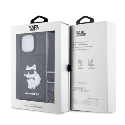 Apple iPhone 14 Pro Max Kılıf Karl Lagerfeld Boyun Askılı Kartlıklı Choupette Dizayn Kapak Siyah