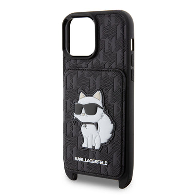 Apple iPhone 14 Pro Max Kılıf Karl Lagerfeld Boyun Askılı Kartlıklı Choupette Dizayn Kapak Siyah