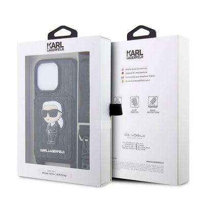 Apple iPhone 14 Pro Max Kılıf Karl Lagerfeld Boyun Askılı Kartlıklı Karl Dizayn Kapak Siyah