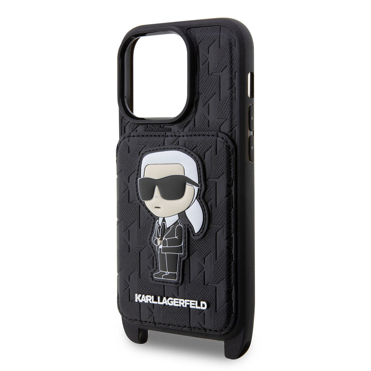 Apple iPhone 14 Pro Max Kılıf Karl Lagerfeld Boyun Askılı Kartlıklı Karl Dizayn Kapak Siyah