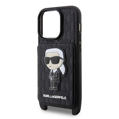 Apple iPhone 14 Pro Max Kılıf Karl Lagerfeld Boyun Askılı Kartlıklı Karl Dizayn Kapak Siyah