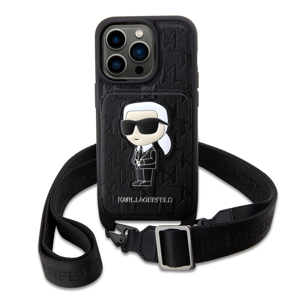 Apple iPhone 14 Pro Max Kılıf Karl Lagerfeld Boyun Askılı Kartlıklı Karl Dizayn Kapak Siyah