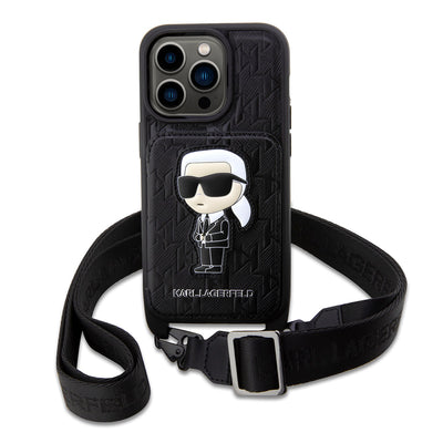 Apple iPhone 14 Pro Max Kılıf Karl Lagerfeld Boyun Askılı Kartlıklı Karl Dizayn Kapak Siyah