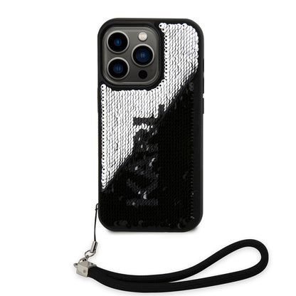 iPhone 14 Pro Max Kılıf Karl Lagerfeld El Askısı İpli Hareketli Pullu Dizayn Kılıf