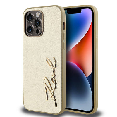 Apple iPhone 14 Pro Max Kılıf Karl Lagerfeld Orjinal Lisanslı 3D KL Yazılı Tüylü Arka Yüzey Saffiano Rhinestones Kapak Pembe