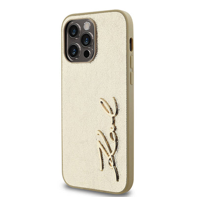 Apple iPhone 14 Pro Max Kılıf Karl Lagerfeld Orjinal Lisanslı 3D KL Yazılı Tüylü Arka Yüzey Saffiano Rhinestones Kapak Pembe