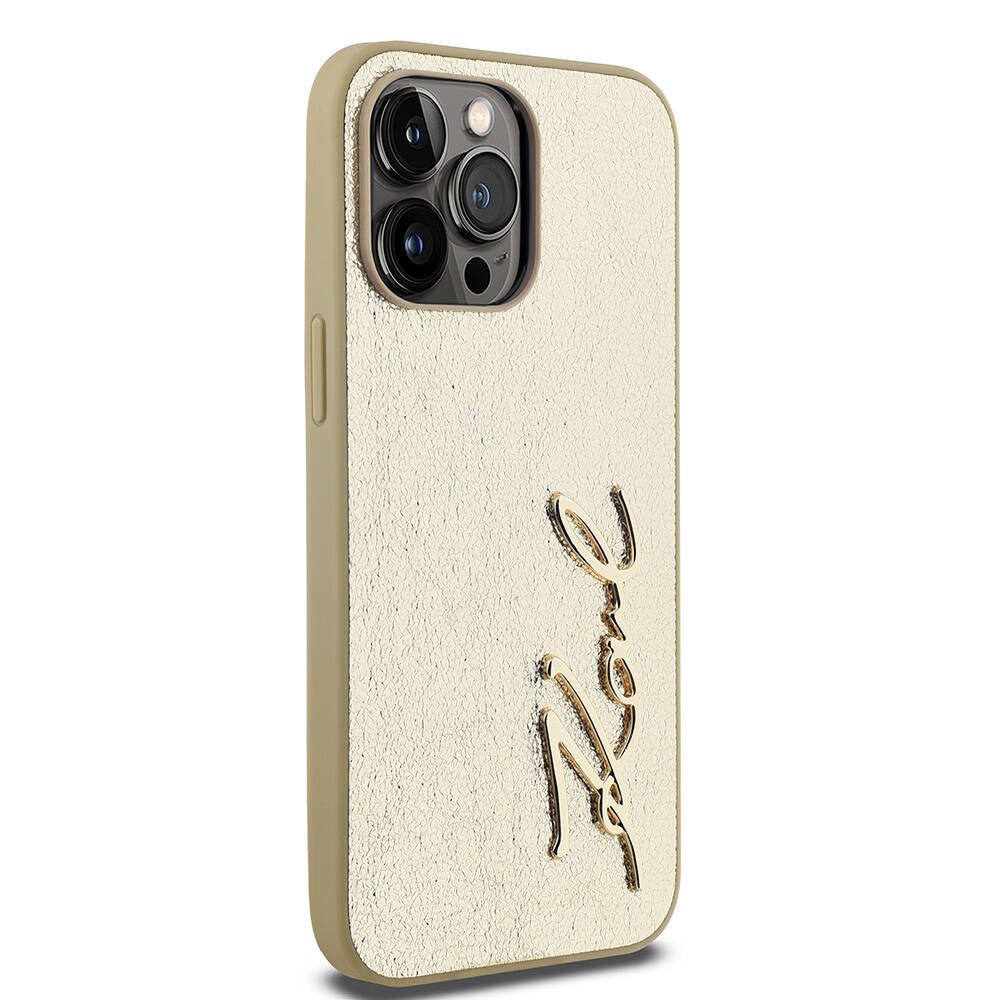 Apple iPhone 14 Pro Max Kılıf Karl Lagerfeld Orjinal Lisanslı 3D KL Yazılı Tüylü Arka Yüzey Saffiano Rhinestones Kapak Pembe