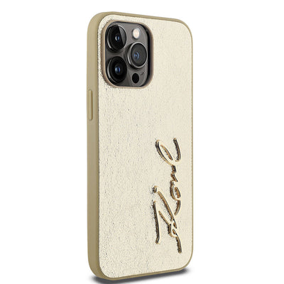 Apple iPhone 14 Pro Max Kılıf Karl Lagerfeld Orjinal Lisanslı 3D KL Yazılı Tüylü Arka Yüzey Saffiano Rhinestones Kapak Pembe