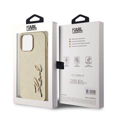Apple iPhone 14 Pro Max Kılıf Karl Lagerfeld Orjinal Lisanslı 3D KL Yazılı Tüylü Arka Yüzey Saffiano Rhinestones Kapak Pembe