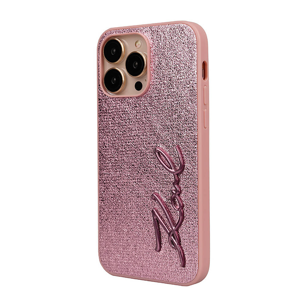 iPhone 14 Pro Max Kılıf Karl Lagerfeld Orjinal Lisanslı 3D KL Yazılı Tüylü Arka Yüzey Saffiano Rhinestones Kılıf