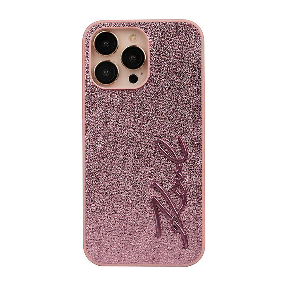 iPhone 14 Pro Max Kılıf Karl Lagerfeld Orjinal Lisanslı 3D KL Yazılı Tüylü Arka Yüzey Saffiano Rhinestones Kılıf
