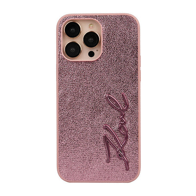 Apple iPhone 14 Pro Max Kılıf Karl Lagerfeld Orjinal Lisanslı 3D KL Yazılı Tüylü Arka Yüzey Saffiano Rhinestones Kapak Pembe
