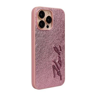 Apple iPhone 14 Pro Max Kılıf Karl Lagerfeld Orjinal Lisanslı 3D KL Yazılı Tüylü Arka Yüzey Saffiano Rhinestones Kapak Pembe