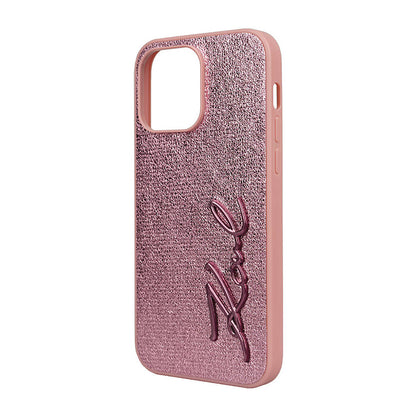 iPhone 14 Pro Max Kılıf Karl Lagerfeld Orjinal Lisanslı 3D KL Yazılı Tüylü Arka Yüzey Saffiano Rhinestones Kılıf