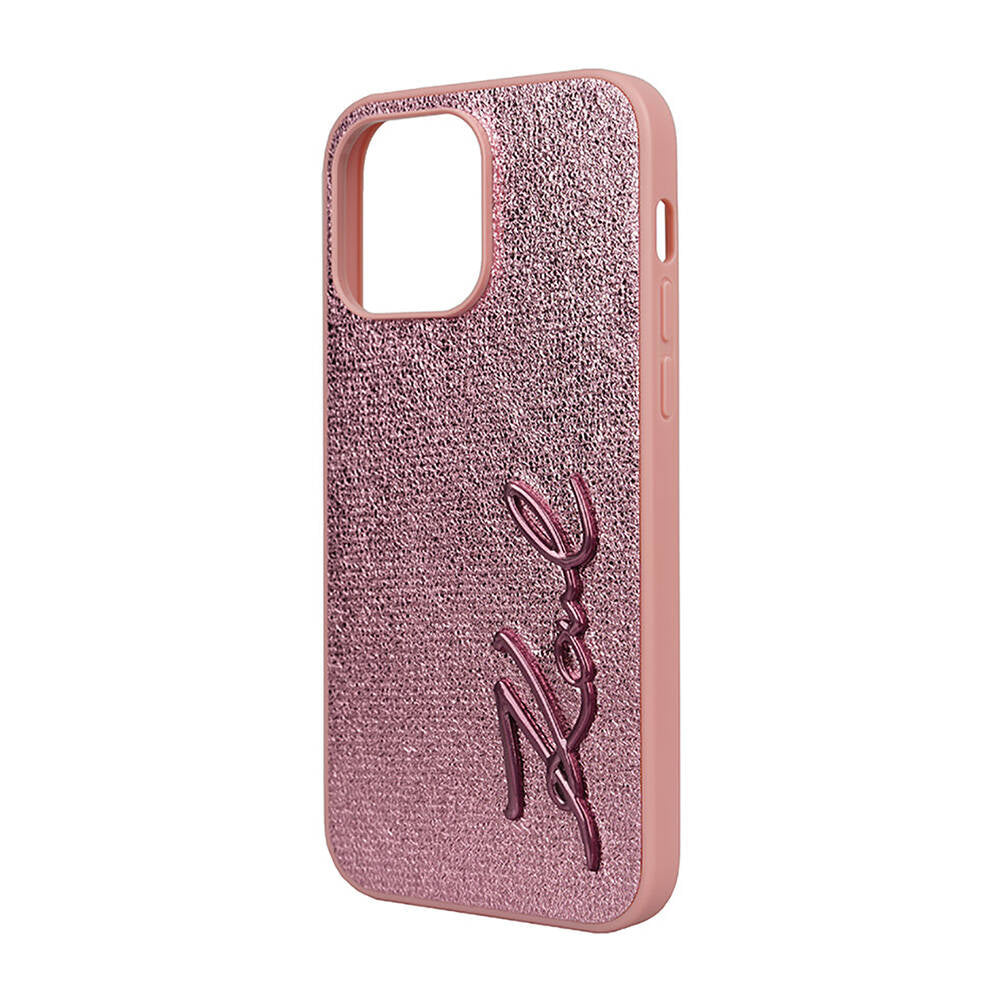 Apple iPhone 14 Pro Max Kılıf Karl Lagerfeld Orjinal Lisanslı 3D KL Yazılı Tüylü Arka Yüzey Saffiano Rhinestones Kapak Pembe