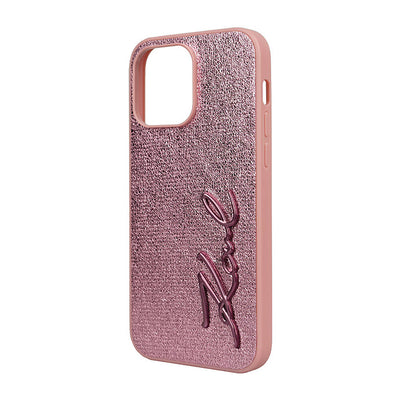 Apple iPhone 14 Pro Max Kılıf Karl Lagerfeld Orjinal Lisanslı 3D KL Yazılı Tüylü Arka Yüzey Saffiano Rhinestones Kapak Pembe