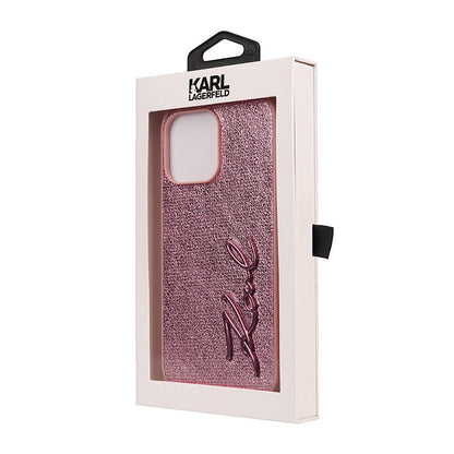 iPhone 14 Pro Max Kılıf Karl Lagerfeld Orjinal Lisanslı 3D KL Yazılı Tüylü Arka Yüzey Saffiano Rhinestones Kılıf
