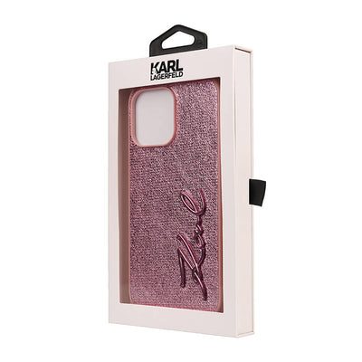 Apple iPhone 14 Pro Max Kılıf Karl Lagerfeld Orjinal Lisanslı 3D KL Yazılı Tüylü Arka Yüzey Saffiano Rhinestones Kapak Gold