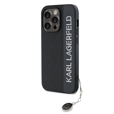 Apple iPhone 14 Pro Max Kılıf Karl Lagerfeld Orjinal Lisanslı Anahtarlıklı Taşlı KL Yazılı Saffiano Rhinestones Kapak Pembe