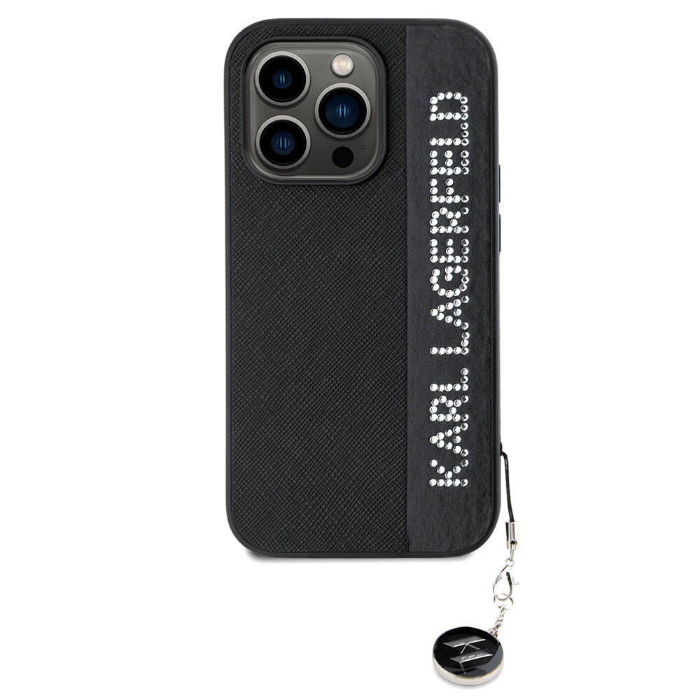 Apple iPhone 14 Pro Max Kılıf Karl Lagerfeld Orjinal Lisanslı Anahtarlıklı Taşlı KL Yazılı Saffiano Rhinestones Kapak Pembe