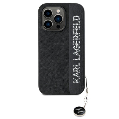 Apple iPhone 14 Pro Max Kılıf Karl Lagerfeld Orjinal Lisanslı Anahtarlıklı Taşlı KL Yazılı Saffiano Rhinestones Kapak Pembe