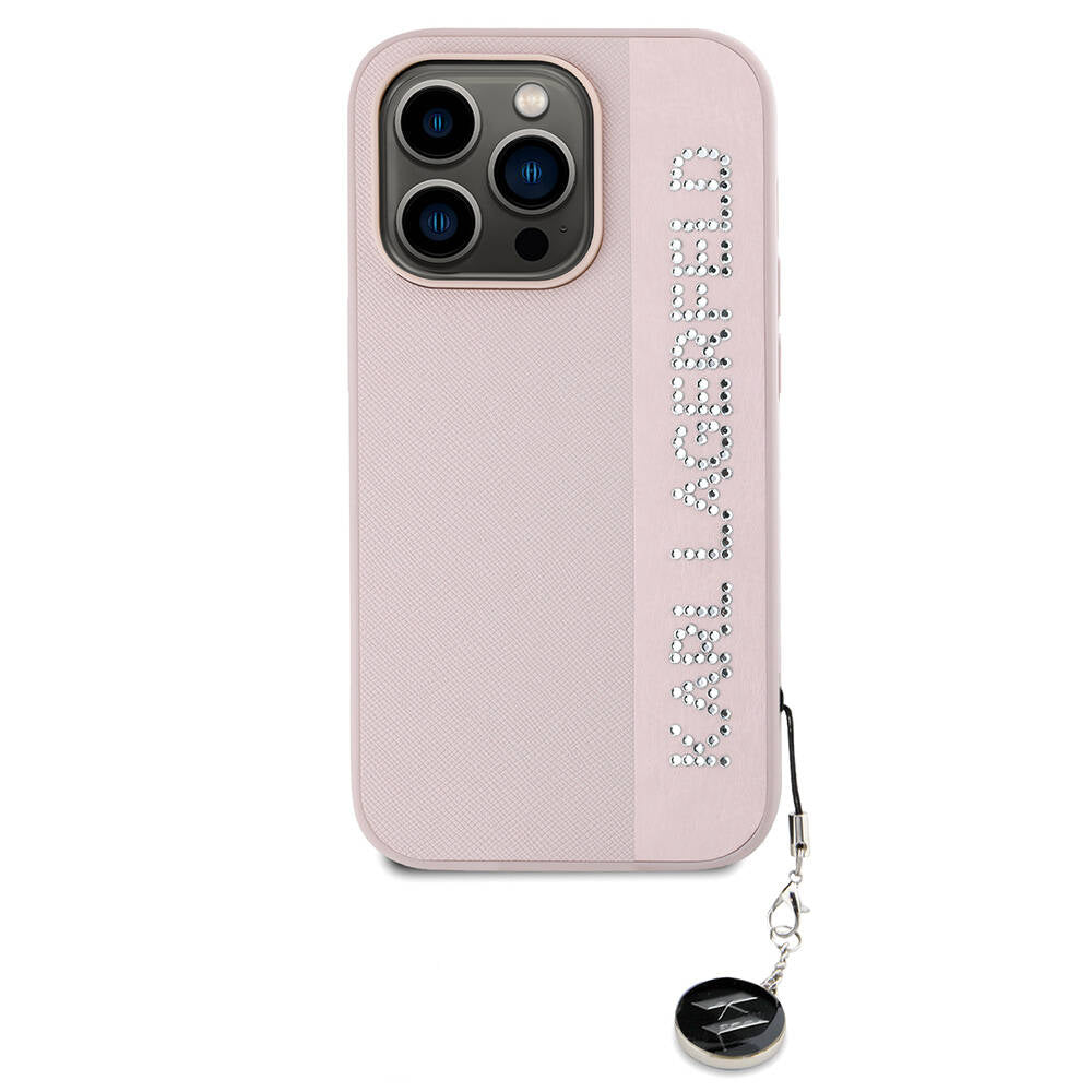 iPhone 14 Pro Max Kılıf Karl Lagerfeld Orjinal Lisanslı Anahtarlıklı Taşlı KL Yazılı Saffiano Rhinestones Kılıf