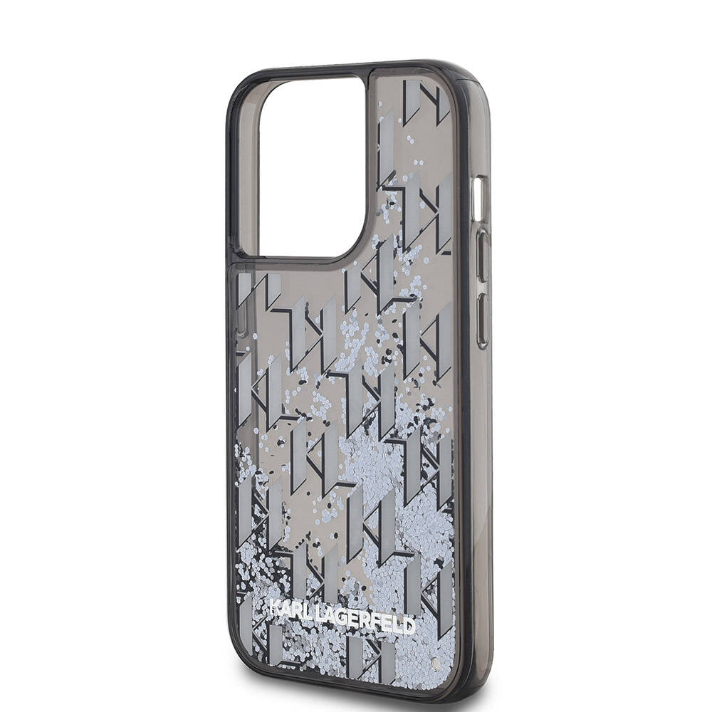 Apple iPhone 14 Pro Max Kılıf Karl Lagerfeld Orjinal Lisanslı Simli KL Yazılı Monogram Gradıent Kapak Siyah