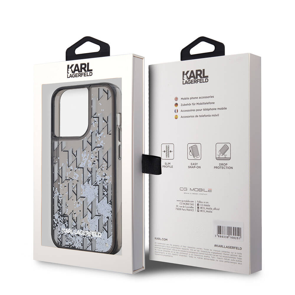 Apple iPhone 14 Pro Max Kılıf Karl Lagerfeld Orjinal Lisanslı Simli KL Yazılı Monogram Gradıent Kapak Siyah