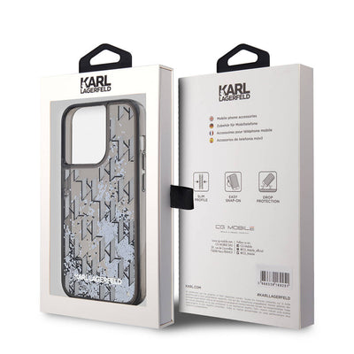 Apple iPhone 14 Pro Max Kılıf Karl Lagerfeld Orjinal Lisanslı Simli KL Yazılı Monogram Gradıent Kapak Siyah